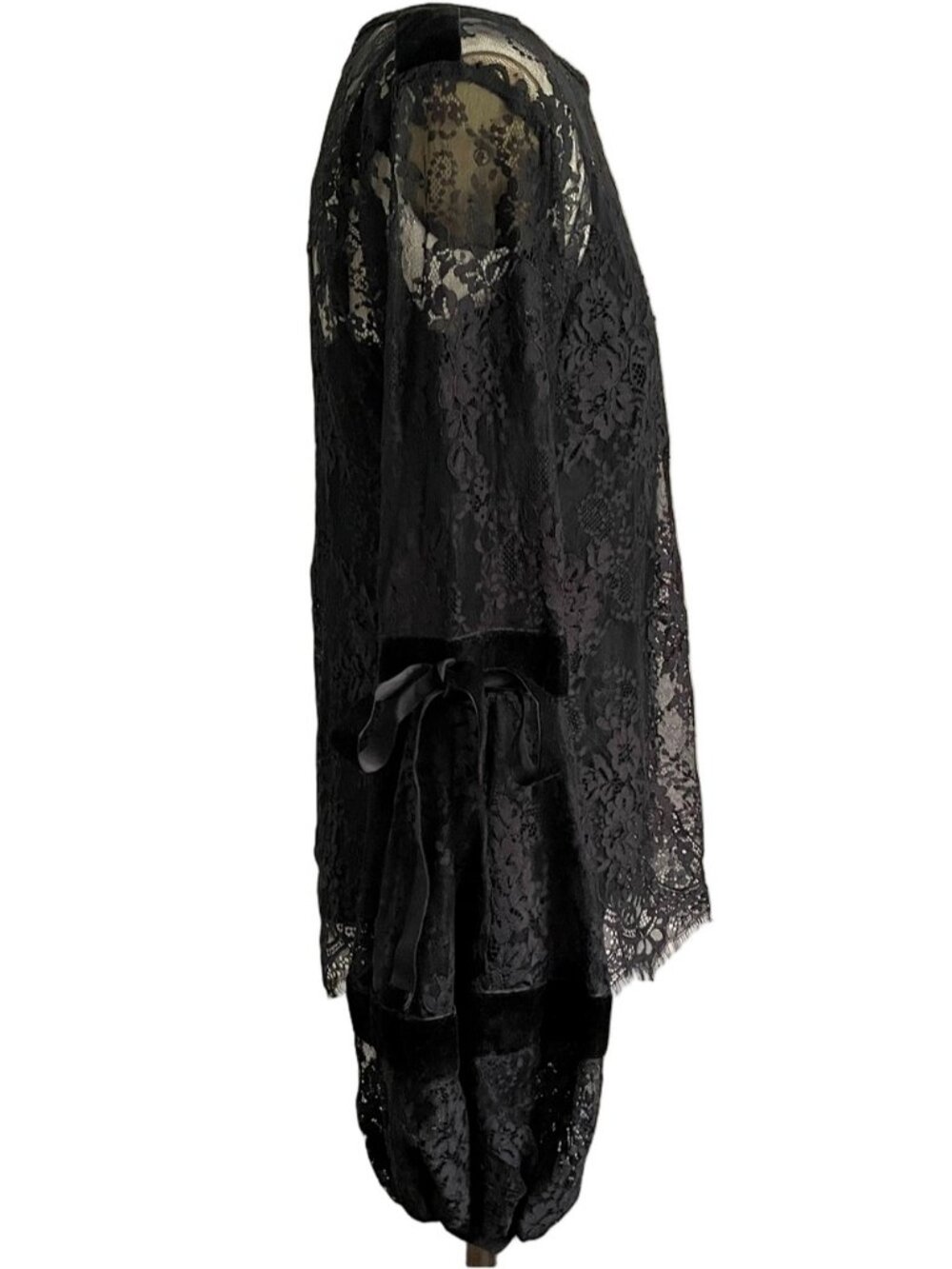 Alberto Makali Black Sheer Lace Velvet Trim Lantern Sleeve Top - Medium - Picture 5 of 15